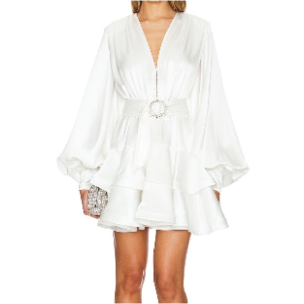 Bronx and Banco White V-Neck Ruffle Mini Dress with Belt